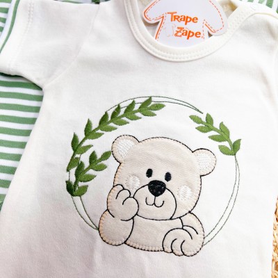  CONJ. DE MALHA 3 PEÇAS - Ursinho com Raminhos - Verde e Off White